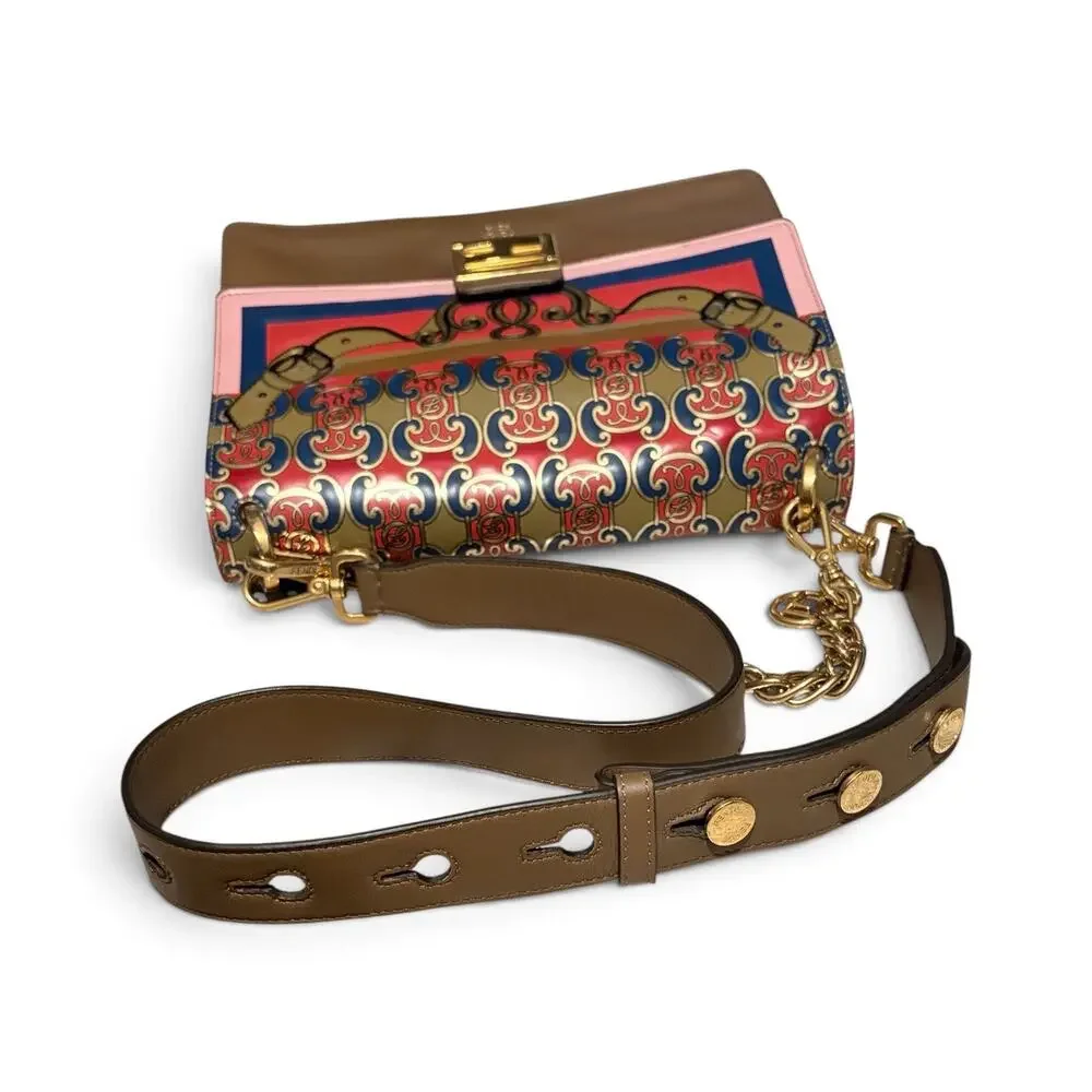 Fendi Kan I Medium FF Logo Print Flap Shoulder Bag Gold Chain Crossbody Khaki